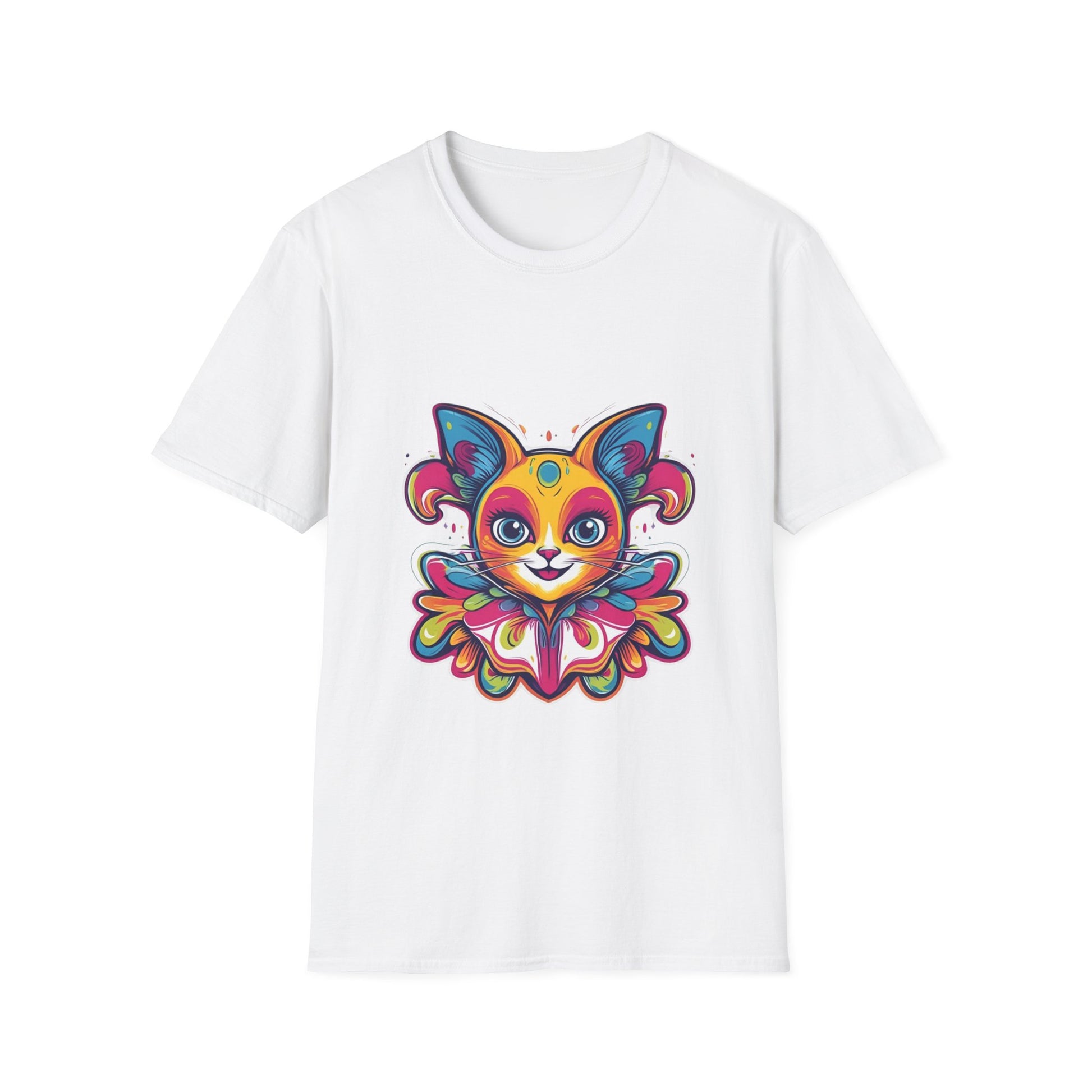 Colorful Cat Graphic Tee, Pet Lover Gift, Softstyle T-Shirt, Cat Mom Shirt, Cute Cat Art Top, Unique Animal T-Shirt