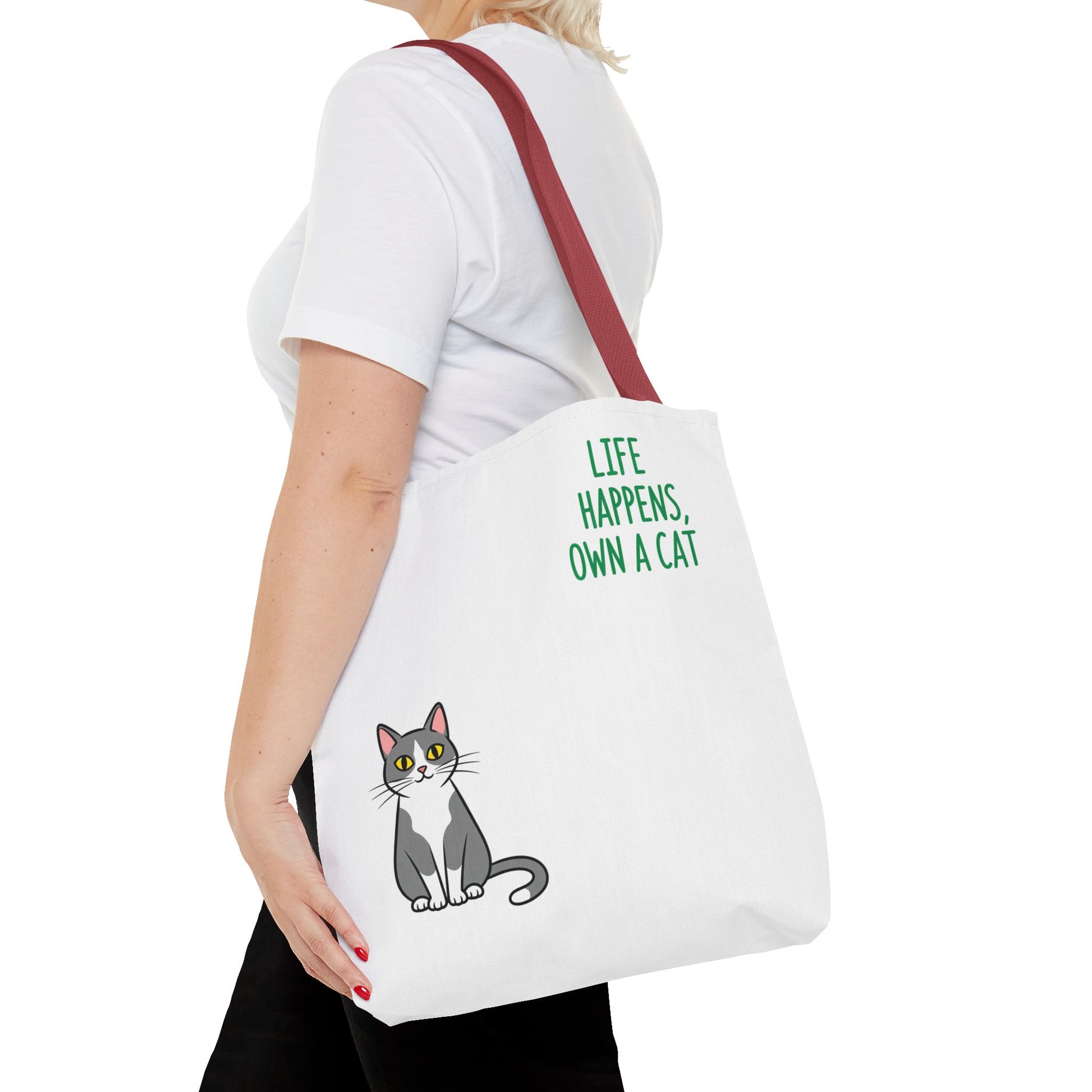 Cat Lover Tote Bag - Life Happens, Own a Cat, Pet Gift, Cat Mom Gift, Animal Lover Accessory, Cute Tote for Cat Owners