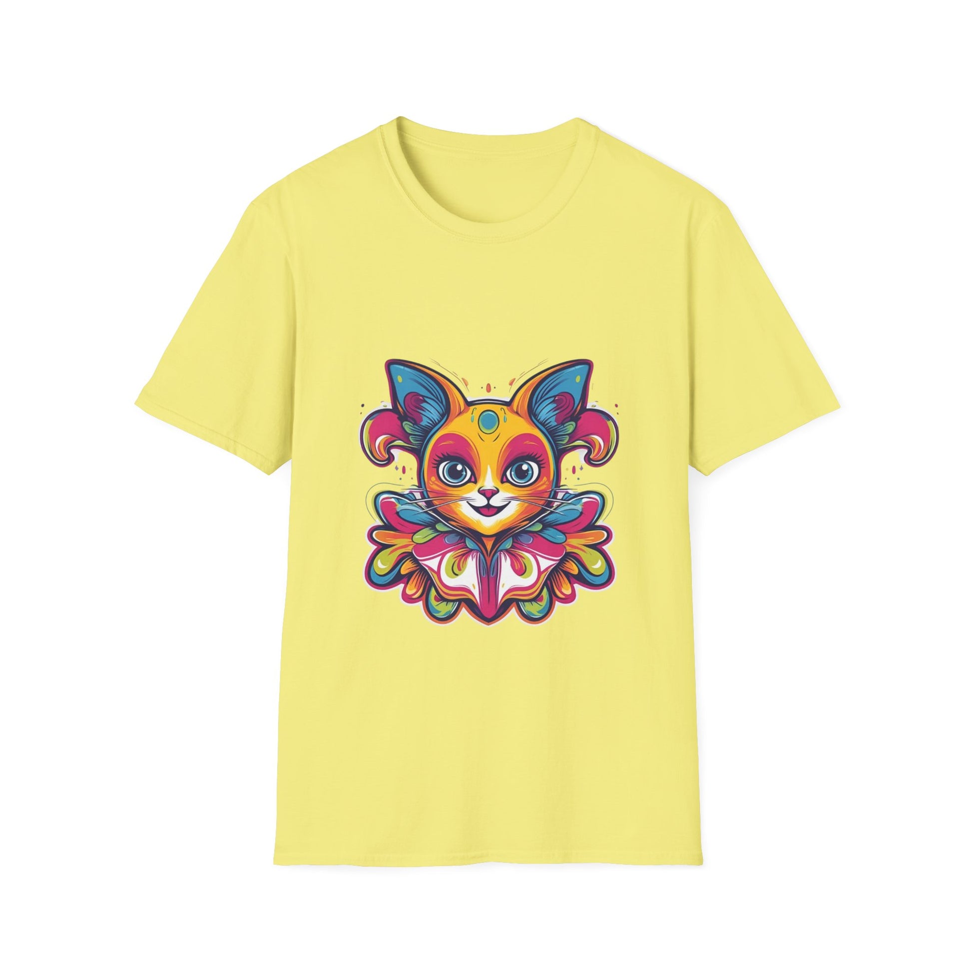 Colorful Cat Graphic Tee, Pet Lover Gift, Softstyle T-Shirt, Cat Mom Shirt, Cute Cat Art Top, Unique Animal T-Shirt