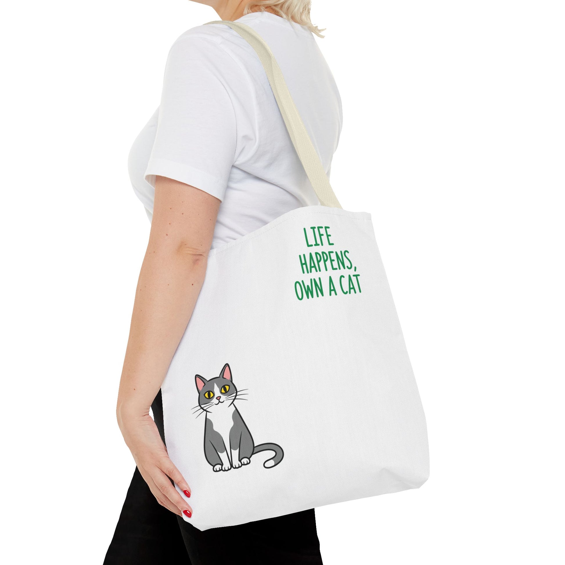Cat Lover Tote Bag - Life Happens, Own a Cat, Pet Gift, Cat Mom Gift, Animal Lover Accessory, Cute Tote for Cat Owners
