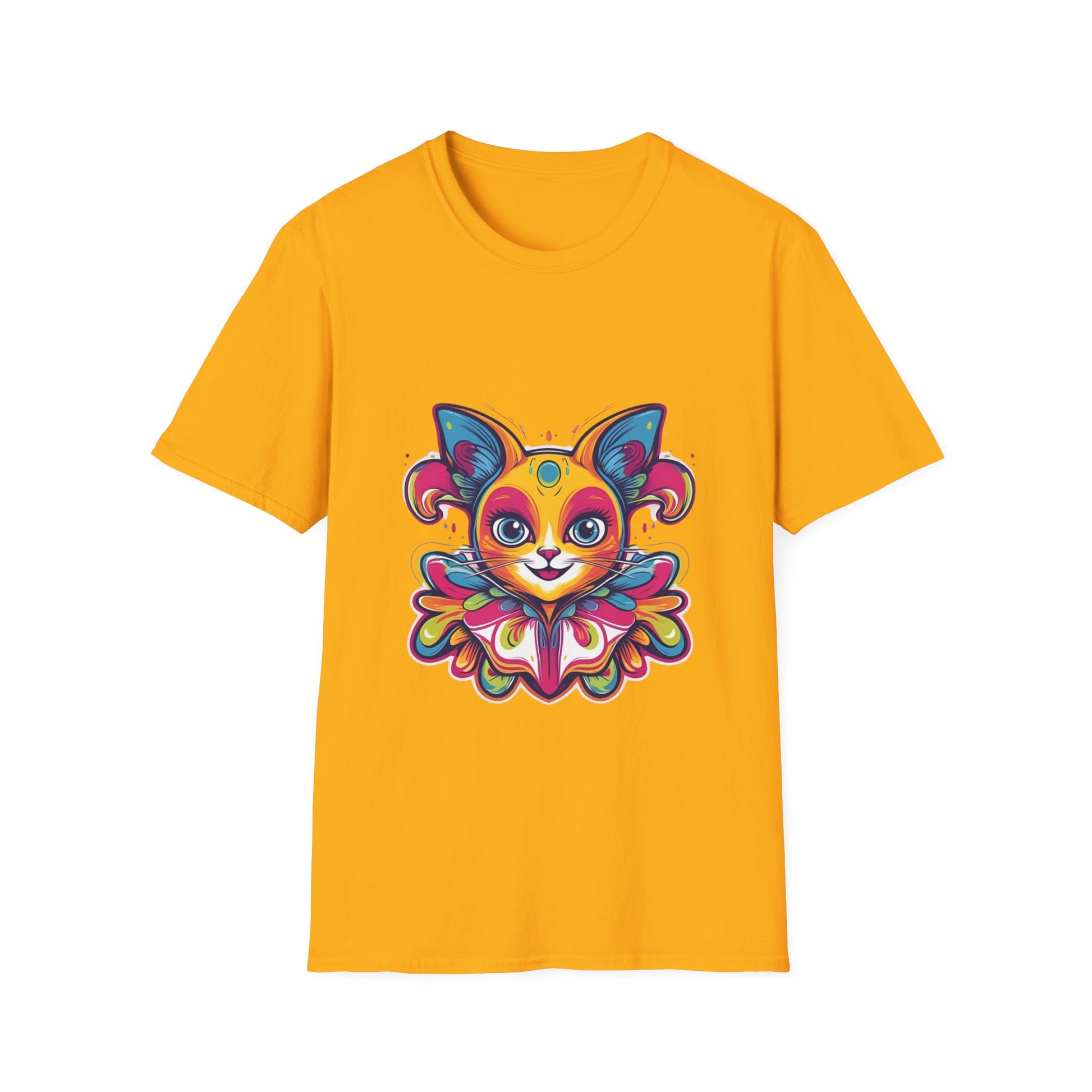 Colorful Cat Graphic Tee, Pet Lover Gift, Softstyle T-Shirt, Cat Mom Shirt, Cute Cat Art Top, Unique Animal T-Shirt